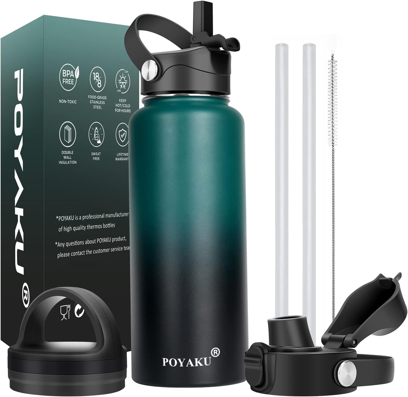 Water Bottle Insulated 32oz 40oz 64oz 128oz Straw Lid Spout Lid & 3 Lids, Leak P...