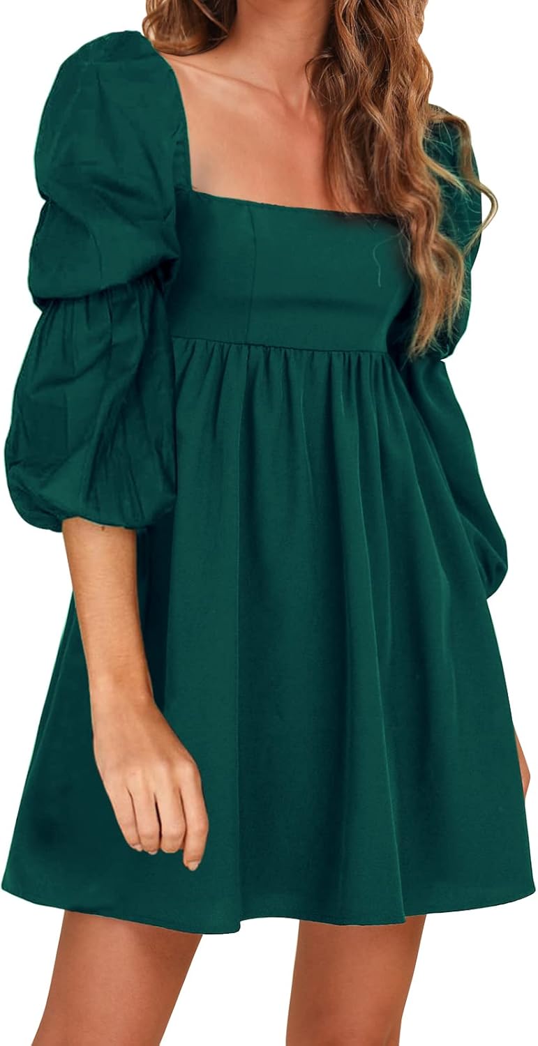 EXLURA Womens Dress, Unique Square Neck Dress with Long Puff Sleeves, Stylish A-...