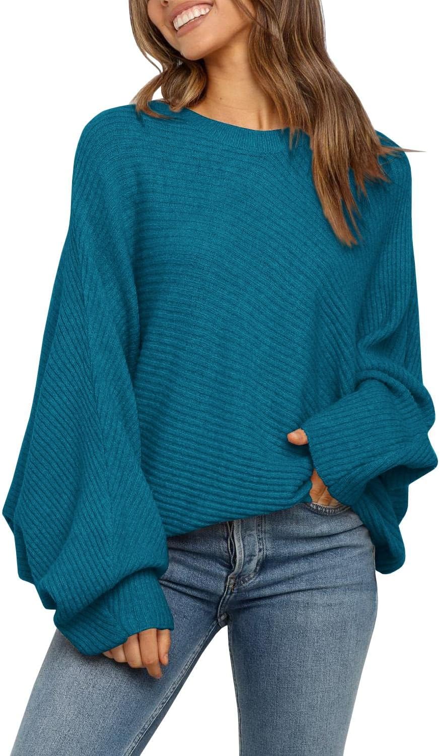 Mafulus Women's Oversized Crewneck Sweater Batwing Puff Long Sleeve Cable Slouch...