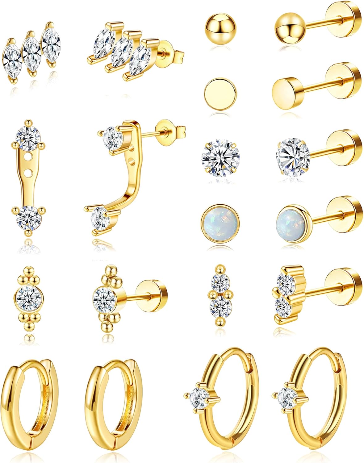 Staligue Surgical Steel Flat Back Earrings and Small Gold Hoop Earrings Sets for...