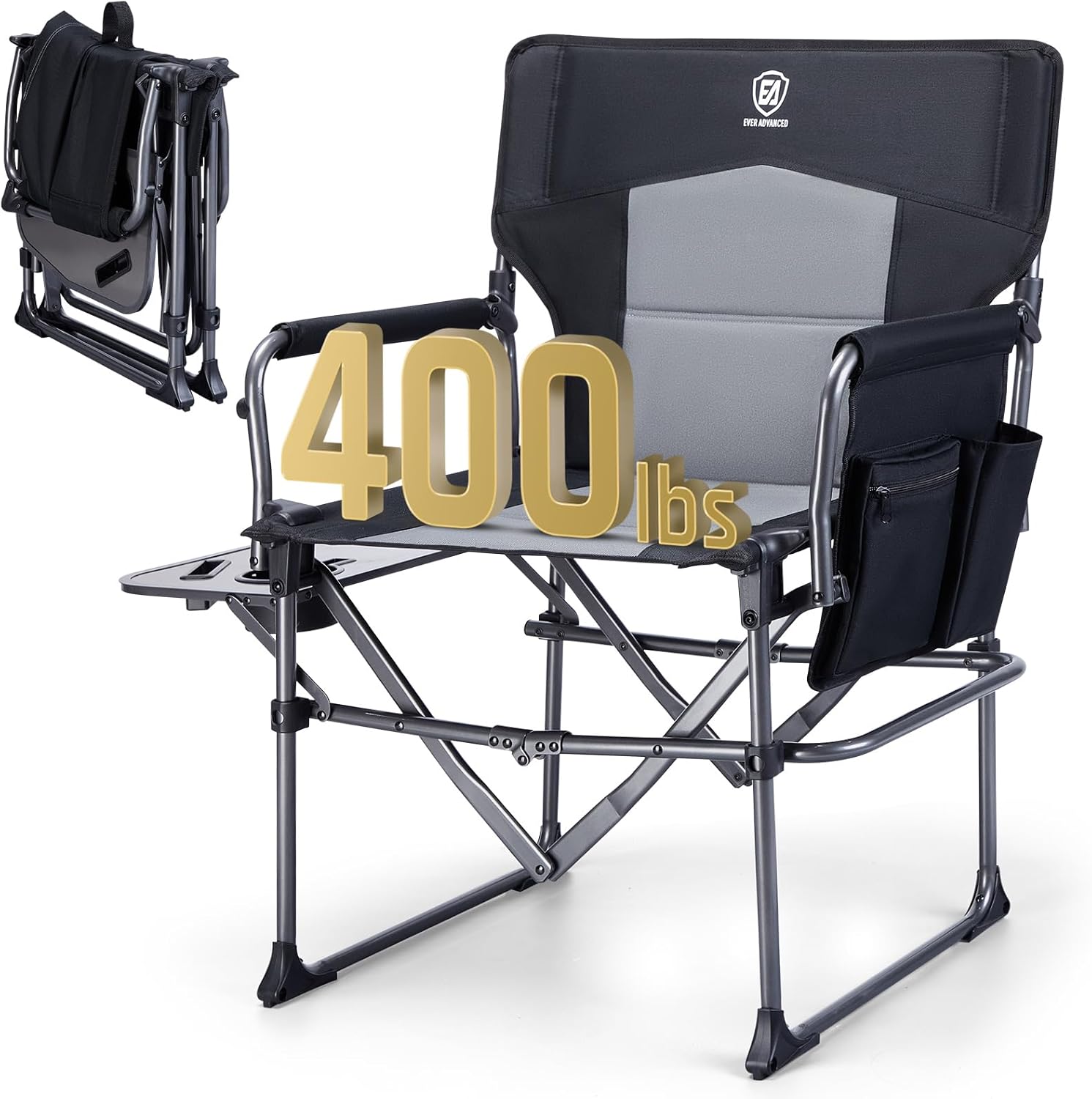EVER ADVANCED Camping Directors' Chair with Side Table, Portable Folding Chair w...