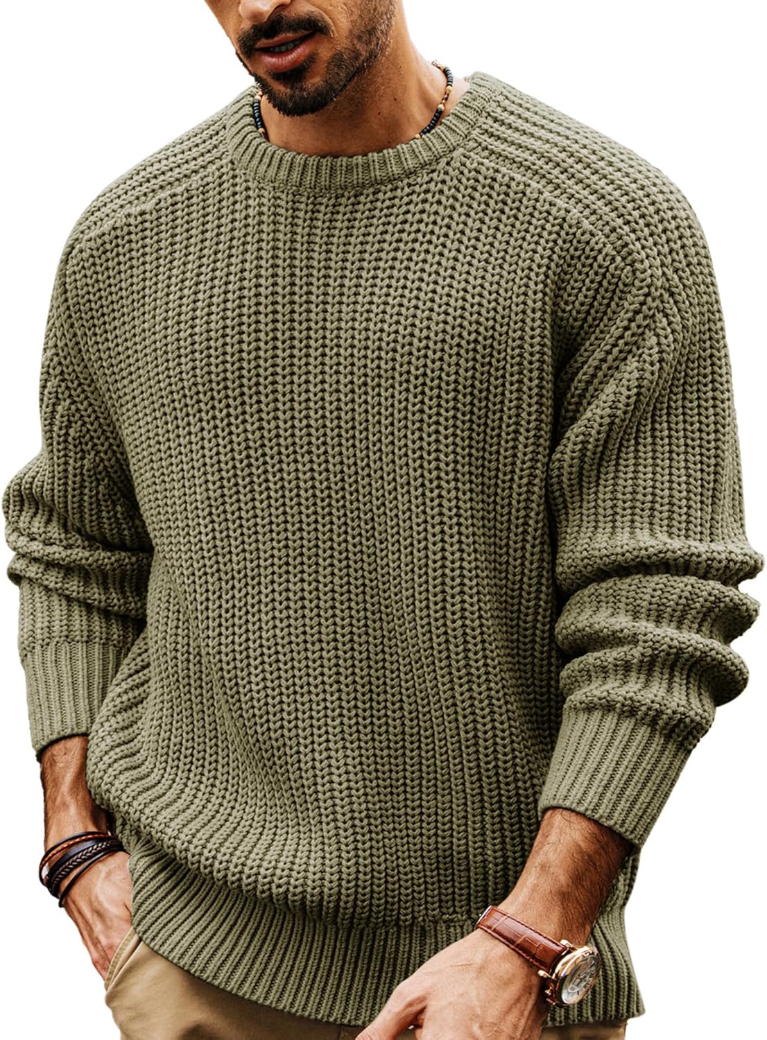 PJ PAUL JONES Men's Jumpers Crew Neck Chunky Knit Jumper Casual Sweater L Green