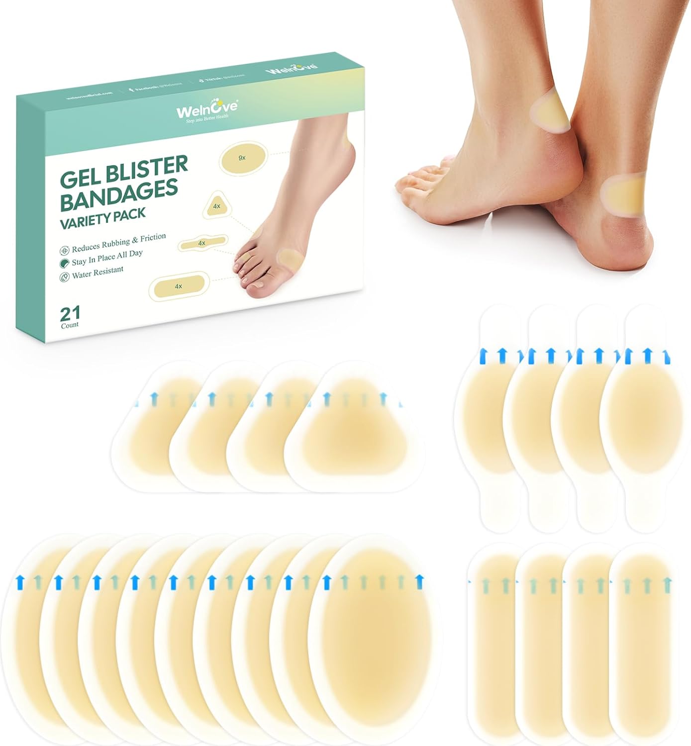 21 Pieces Blister Plasters for Feet - Welnove Invisible Hydrocolloid Gel Blister...
