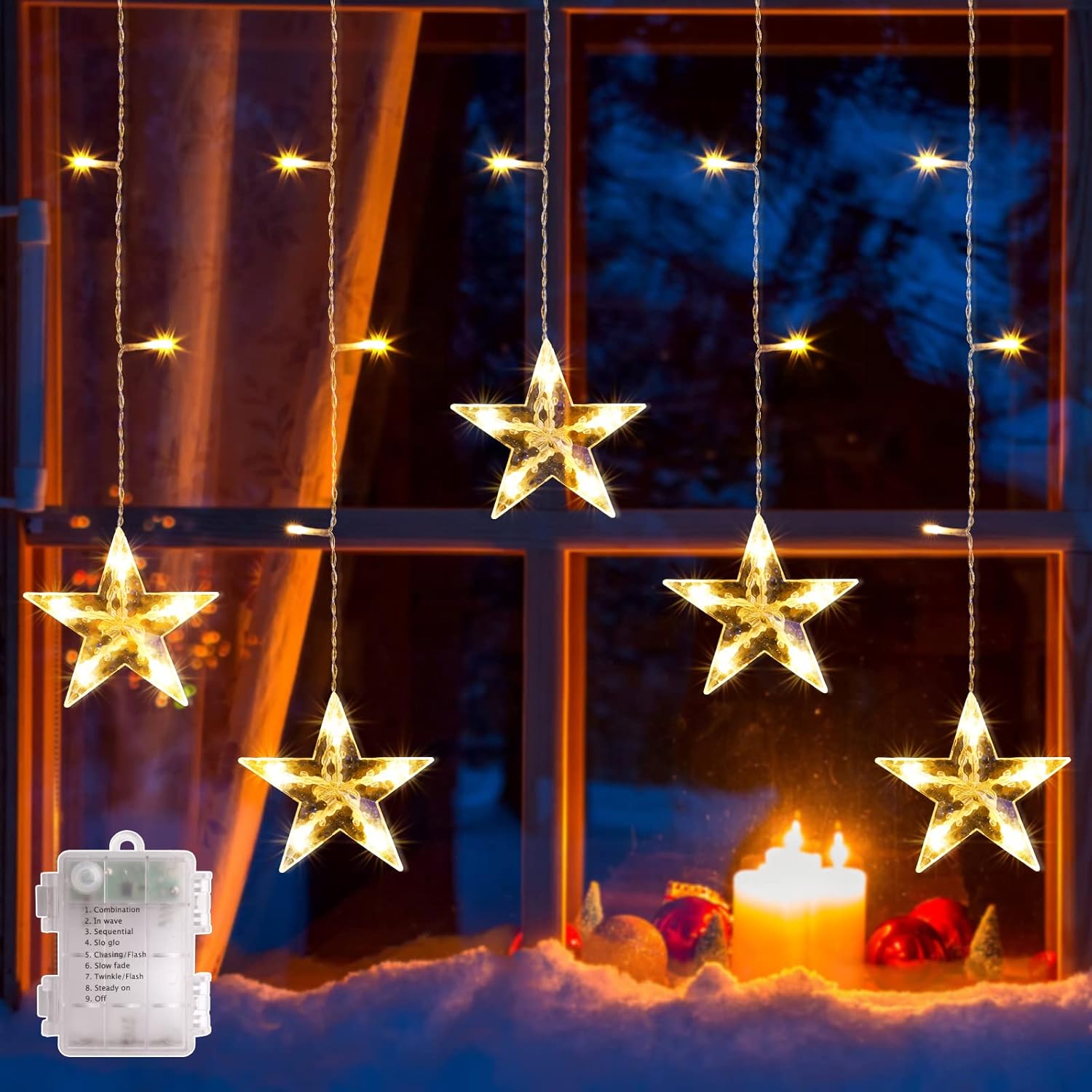 GlobaLink Christmas Window Lights 5 Stars 36 LEDs Star Curtain Lights Battery Po...