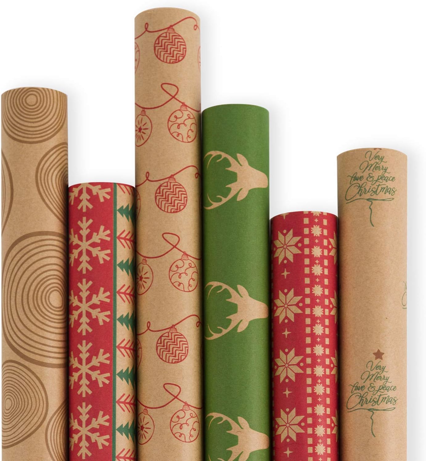 RUSPEPA Christmas Wrapping Paper, Unique Brown Kraft Paper with Red and Green Pa...
