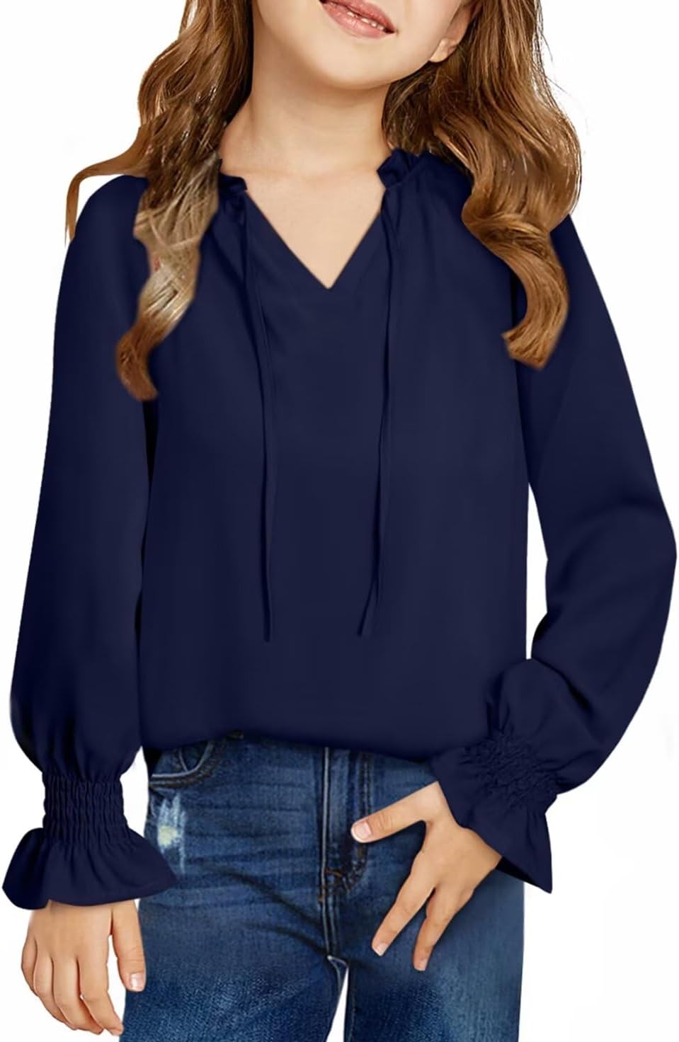 Girls Cute Long Sleeve Tops, Special 2024 Casual V Neck Blouses with Smocked Cuf...