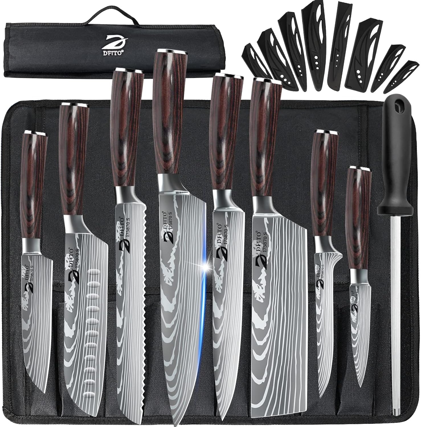 Dfito Chef Knife Sets with Roll Bag, 9 Pieces Professional Knife Set, High Carbo...