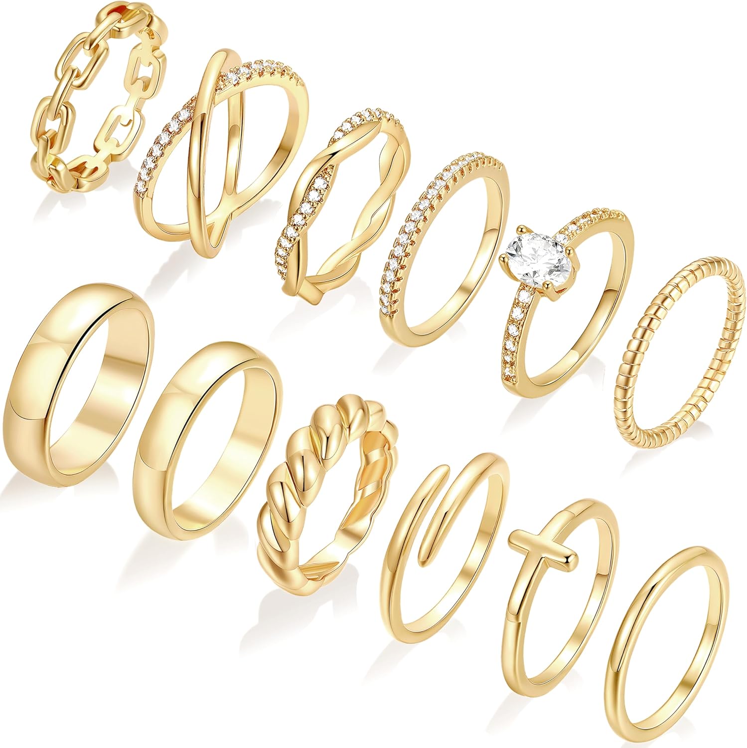 FAXHION 12 PCS Dainty 14K Gold Rings for Women, Eternity Open Chunky Twist Simul...
