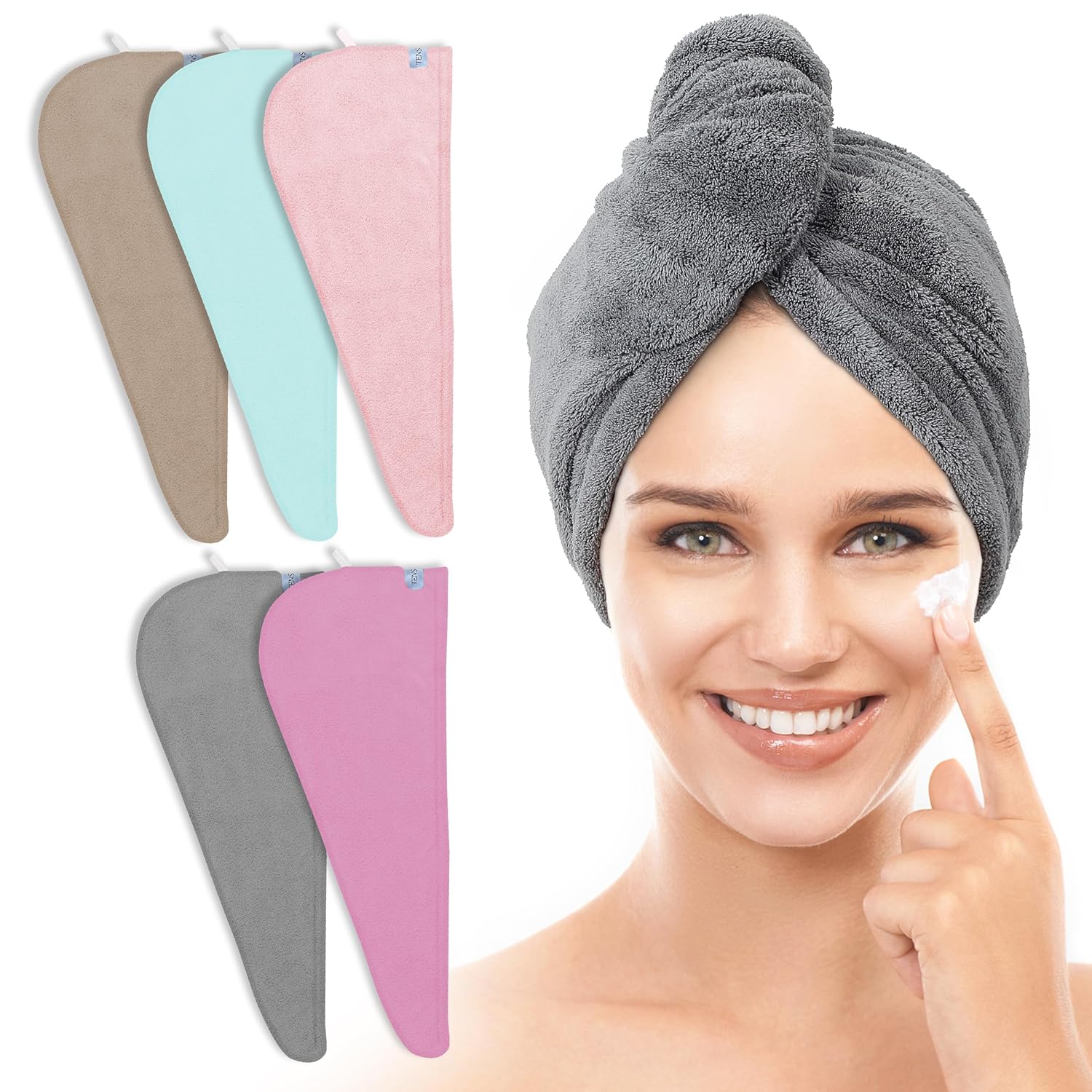 TENSTARS 5 Pack Thicken Microfiber Hair Towel Wrap for Women - ELASTIC LOOP DESI...