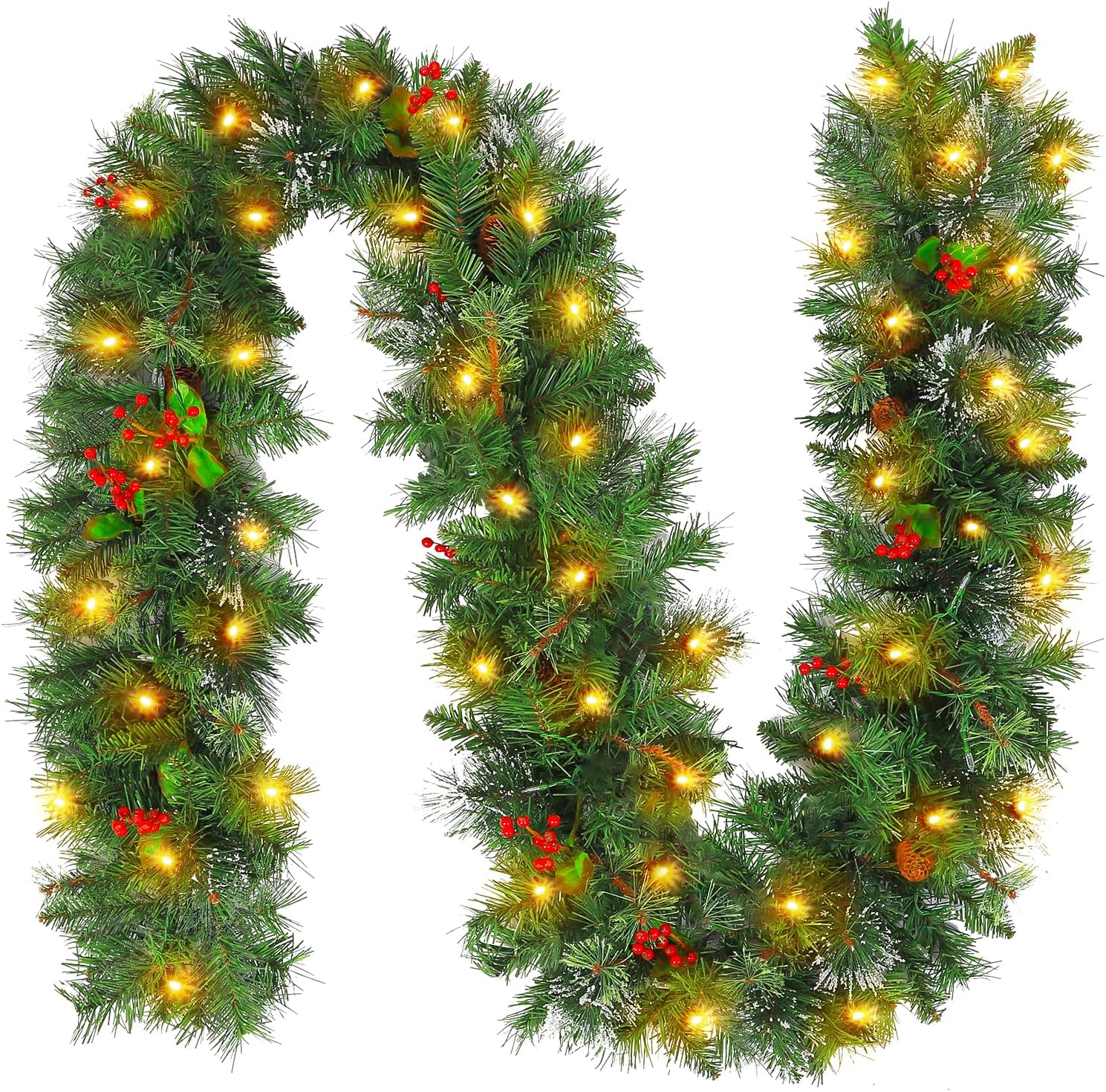 Hykolity 12 ft. Pre-lit Christmas Garland with 100 Warm White Lights, 288 Tips,...