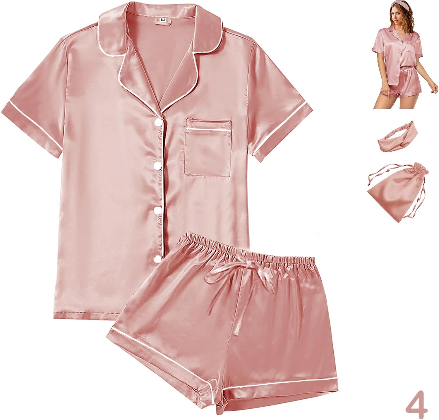 Women's Pajama Set, High-Quality 4Pcs Satin Silky Pajama Set, Stylish Short Slee...