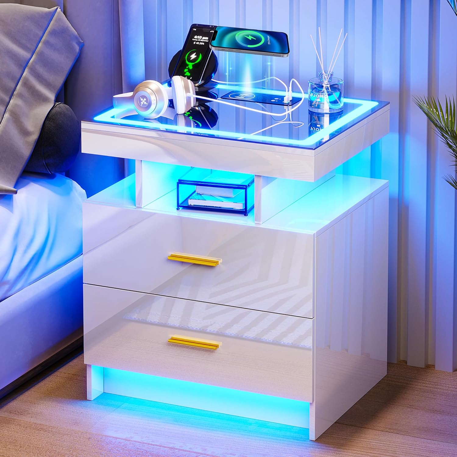 HNEBC LED Nightstand, Special Bedside Table With Charging Station (USB, Type-C P...