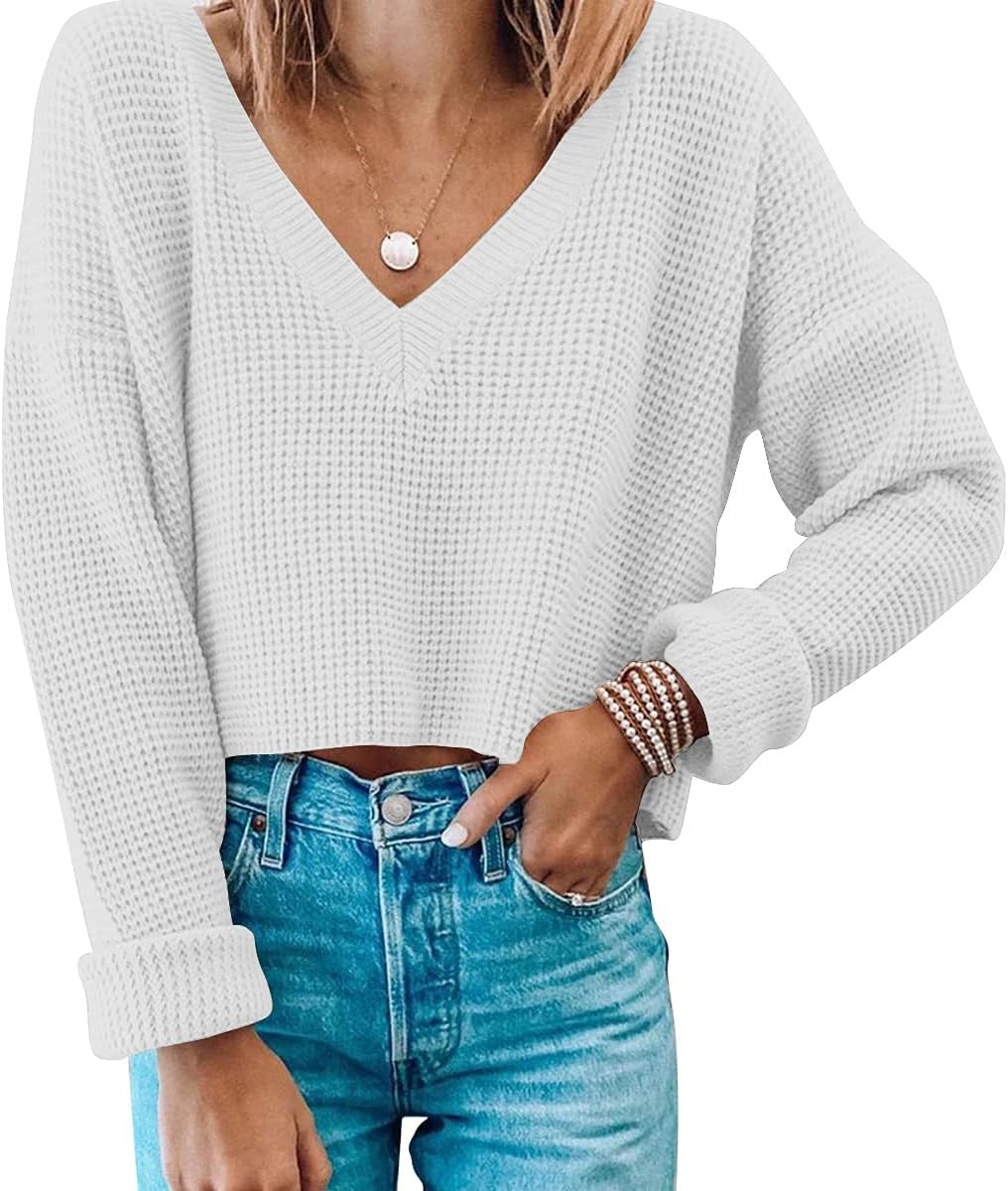 Jumppmile Women's Sweater, Special V Neck Waffle Knit Cropped Top, Innovative Pu...