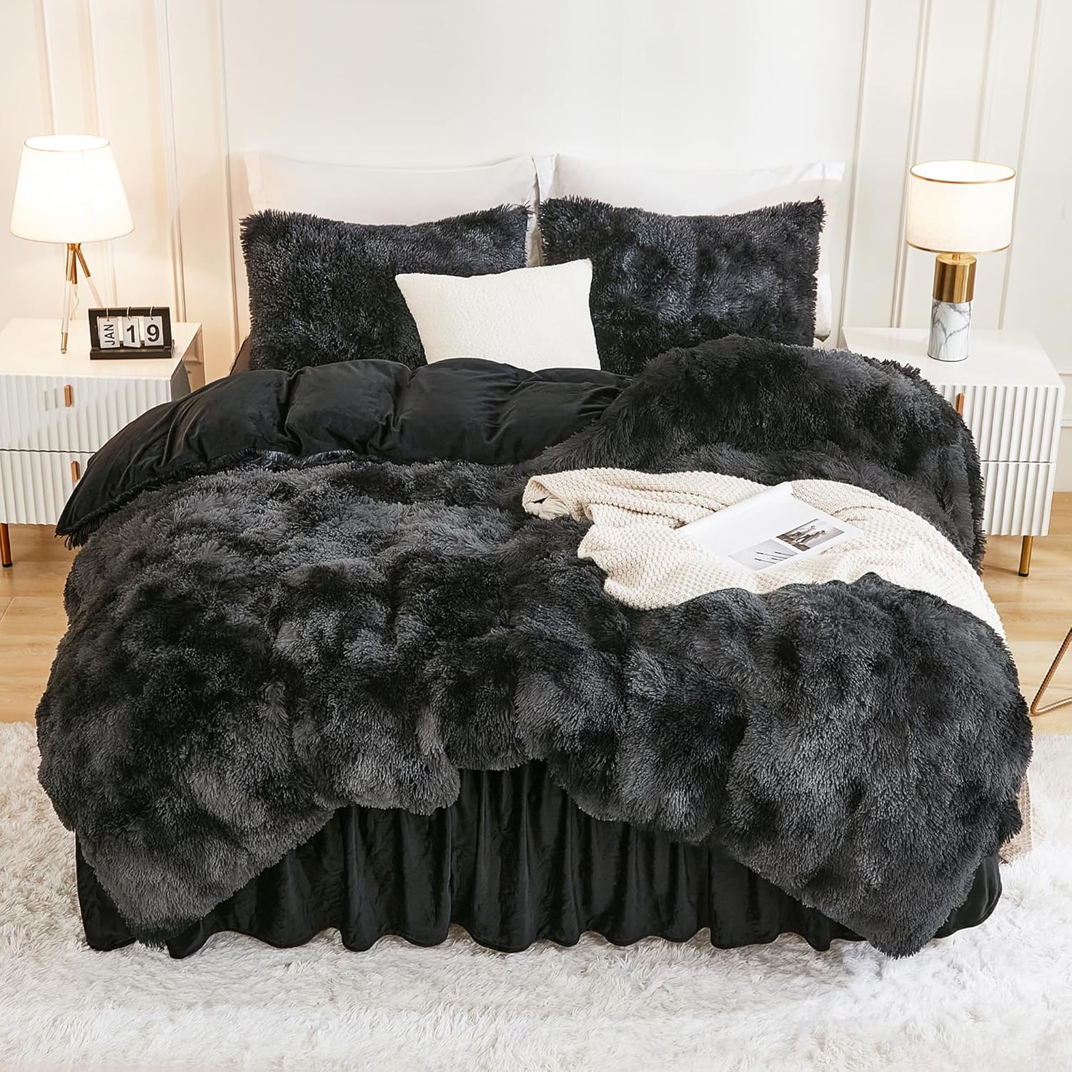 Andency Faux Fur Tie-Dyed Black Grey Comforter for Queen Size Bed, 3 Pieces Fluf...