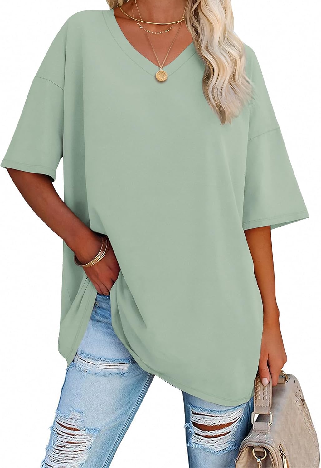 ATHMILE Womens T Shirts, Special Oversized V Neck Tees for Casual Look, Cozy Hal...