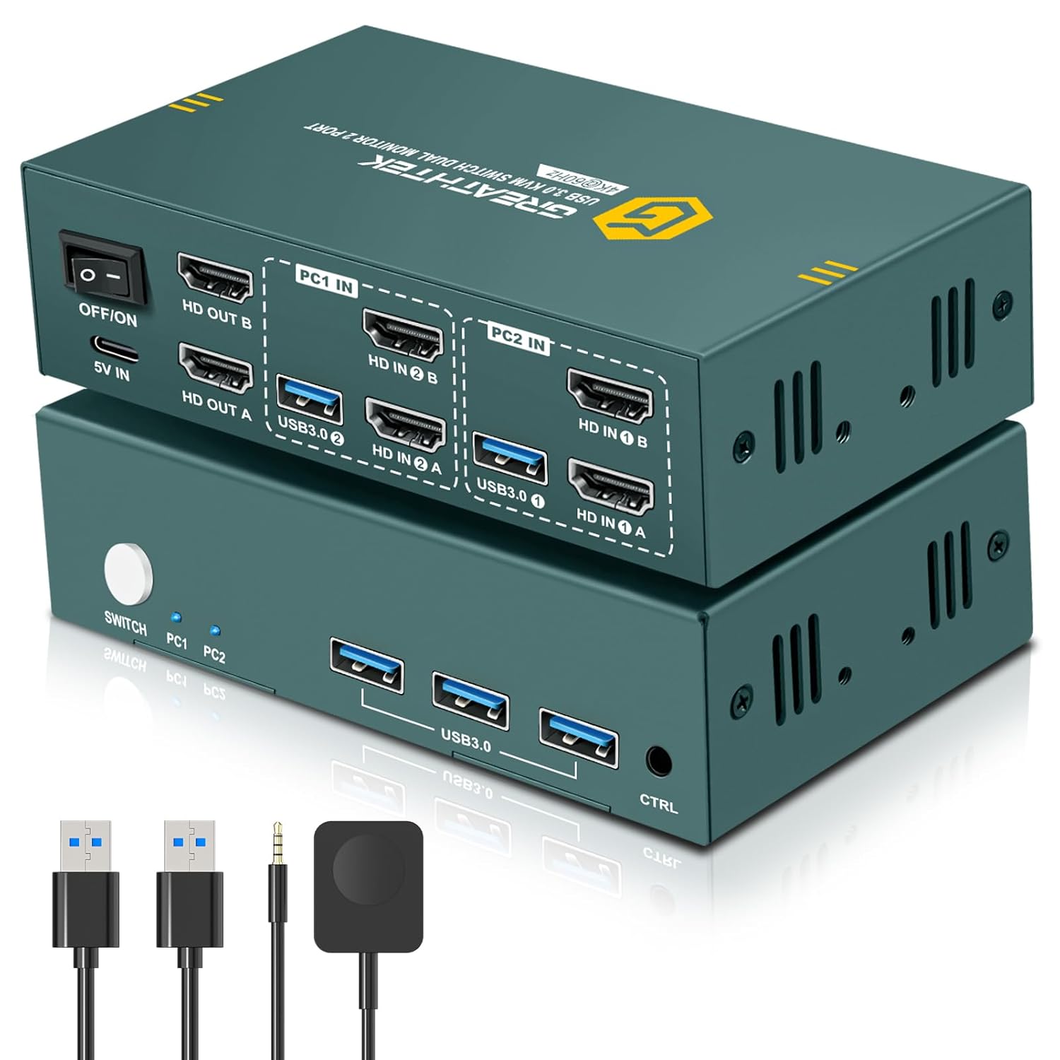 HDMI KVM Switch 2 Monitors 2 Computers 4K@60Hz, USB3.0 KVM Switch Dual Monitor w...