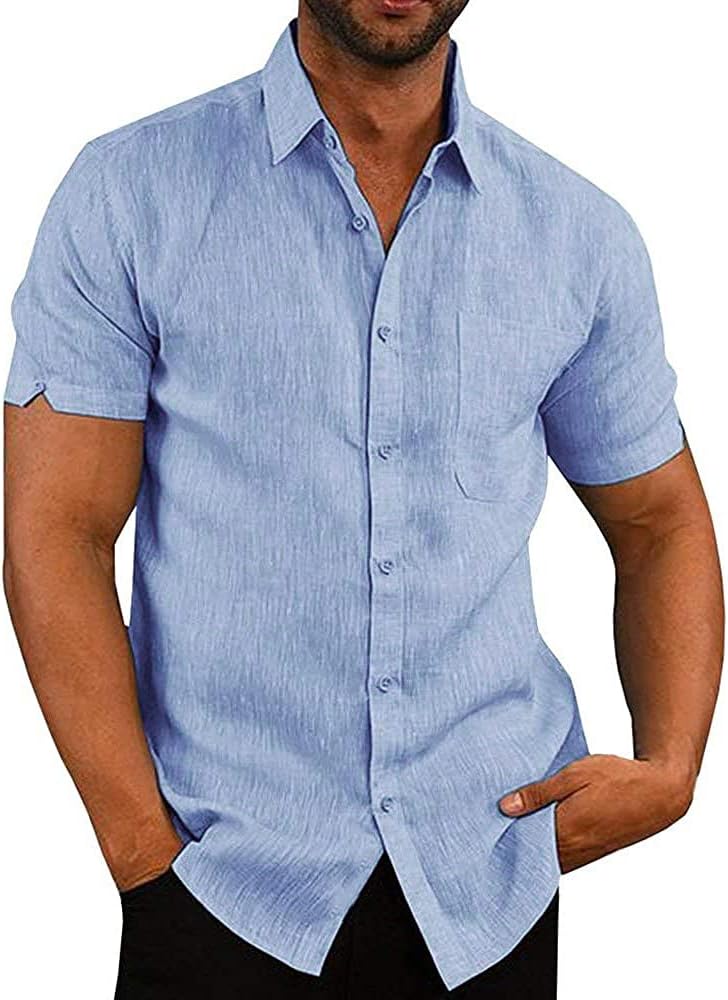 , Summer Casual Shirt, Special, High-Quality, Button Down Short Sleeve Linen Shi...