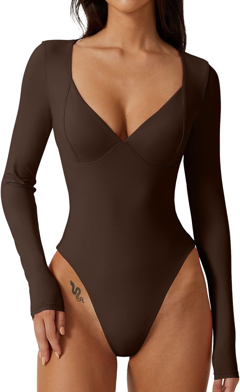 QINSEN Women's Bodysuit, Special Long Sleeve Bodysuit with V Neck, Innovative Se...