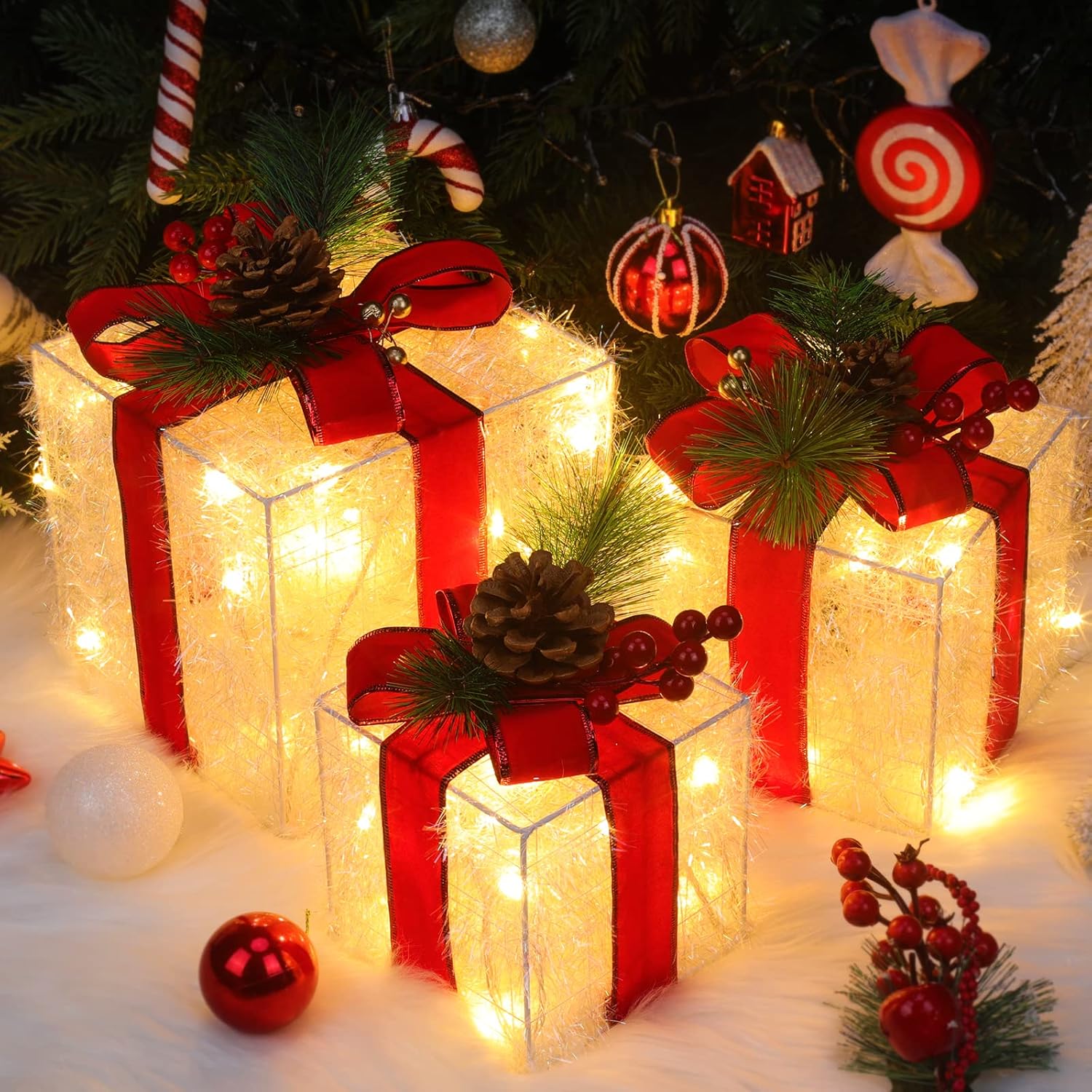 Quntis Set of 3 Light Up Present Boxes, 60 LEDs Christmas Decorations Parcels Li...