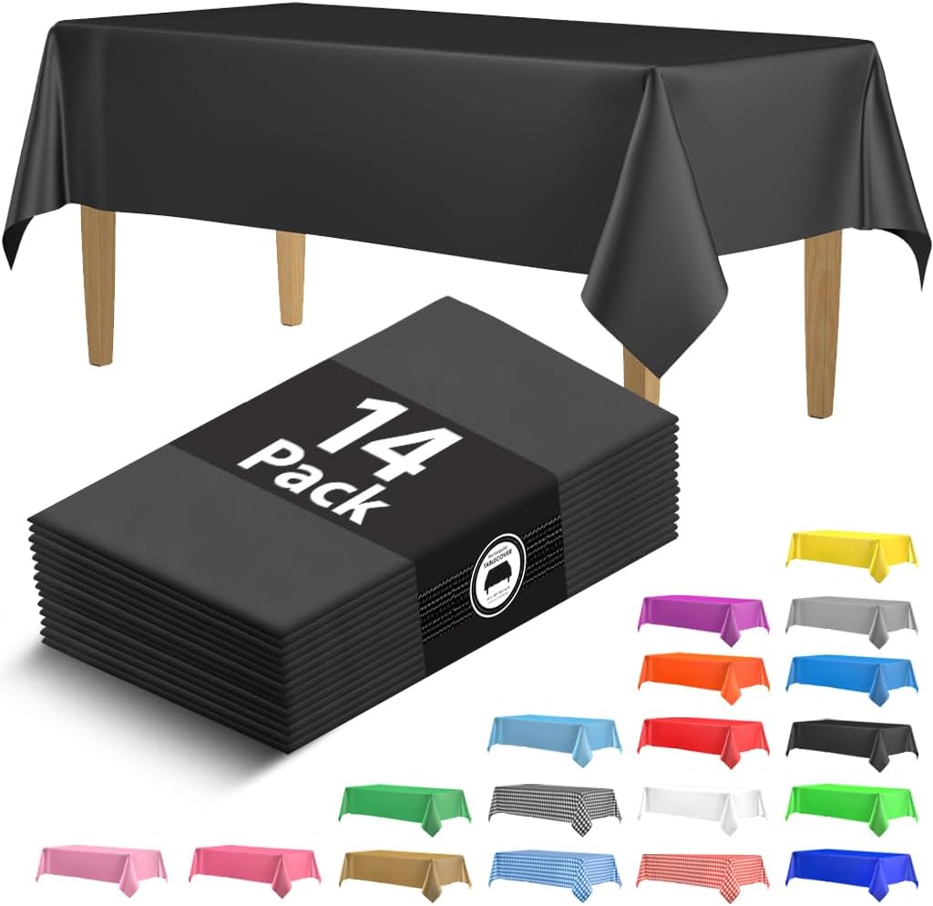 14 Pack Black 54 x 108 in. Rectangle Disposable Plastic Tablecloths - Smooth Dec...