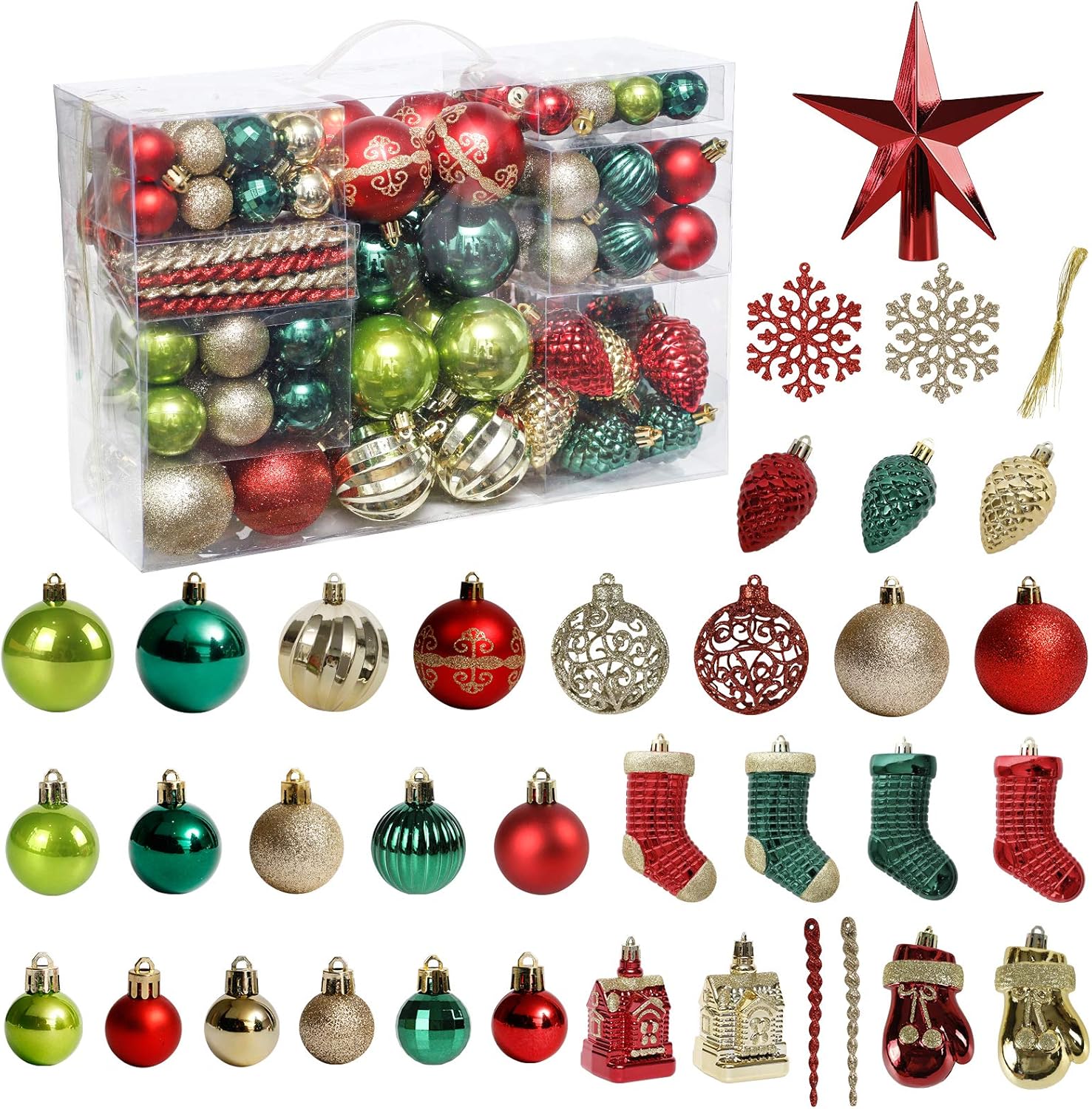 Christmas Tree Ornament, 132pcs Christmas Tree Decoration Set Red Green Gold Chr...