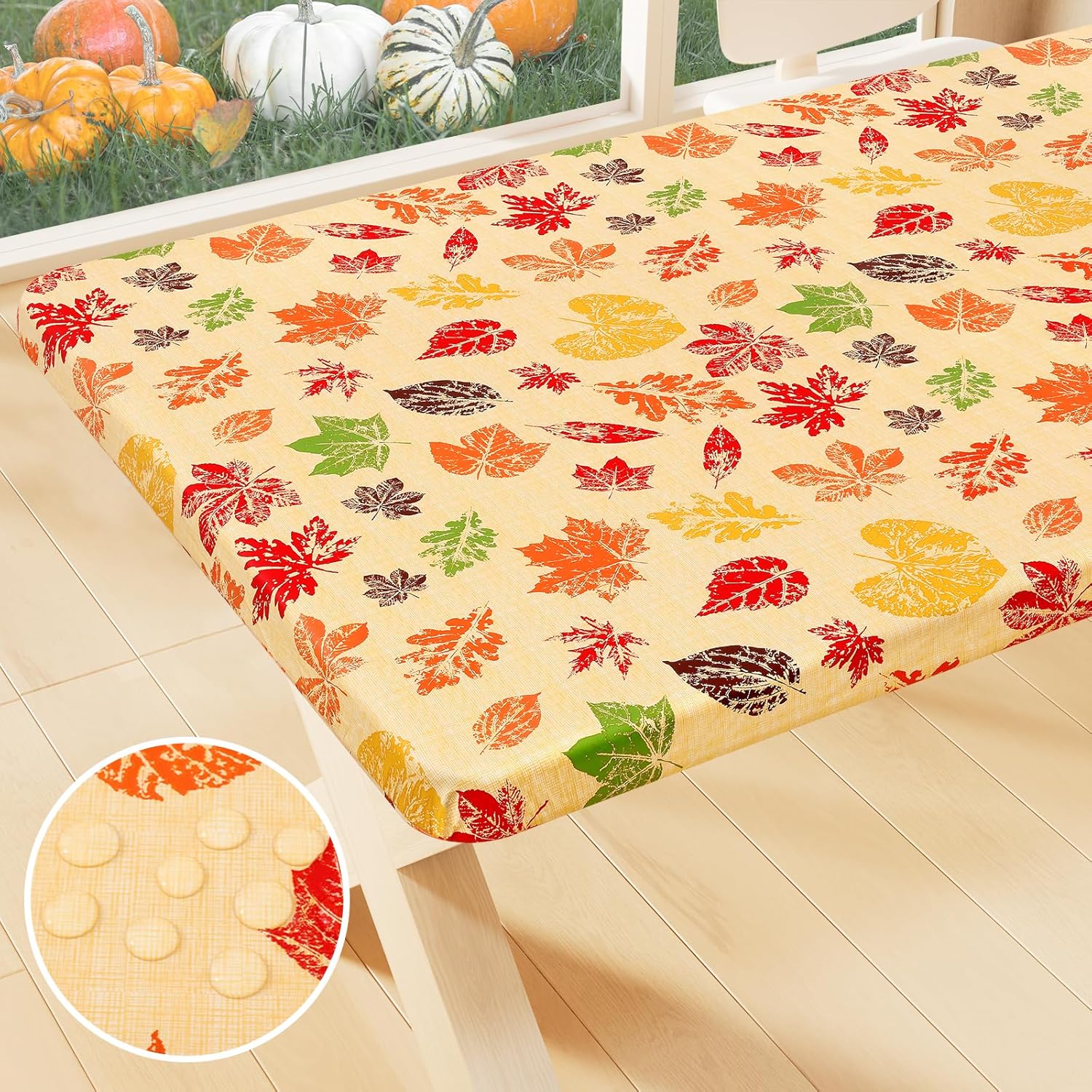 Smiry Plastic Thanksgiving Tablecloth, Fall Leaves Waterproof Elastic Fitted Tab...