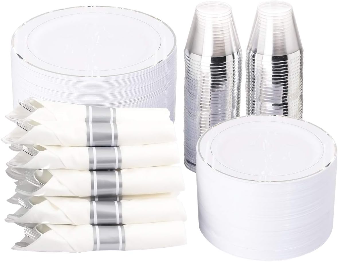 WELLIFE 350Pcs Silver Plastic Plates - Disposable Silverware, Include: 50 Dinner...