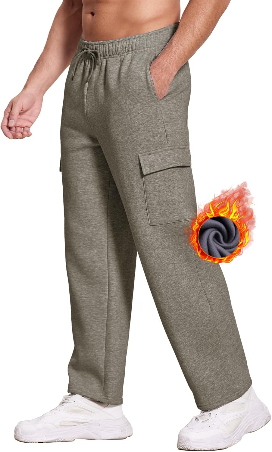 Deyeek Men's Fleece Cargo Sweatpants Baggy Mens Sweat Pants Open Bottom Cotton S...