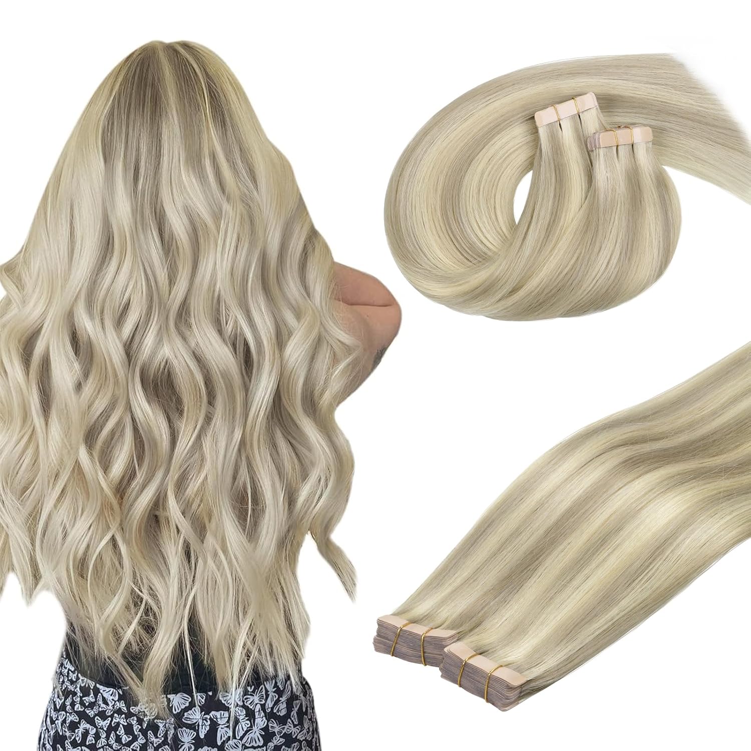 DOORES Hair Extensions, Special Real Human Hair Extension with Ash Blonde Highli...