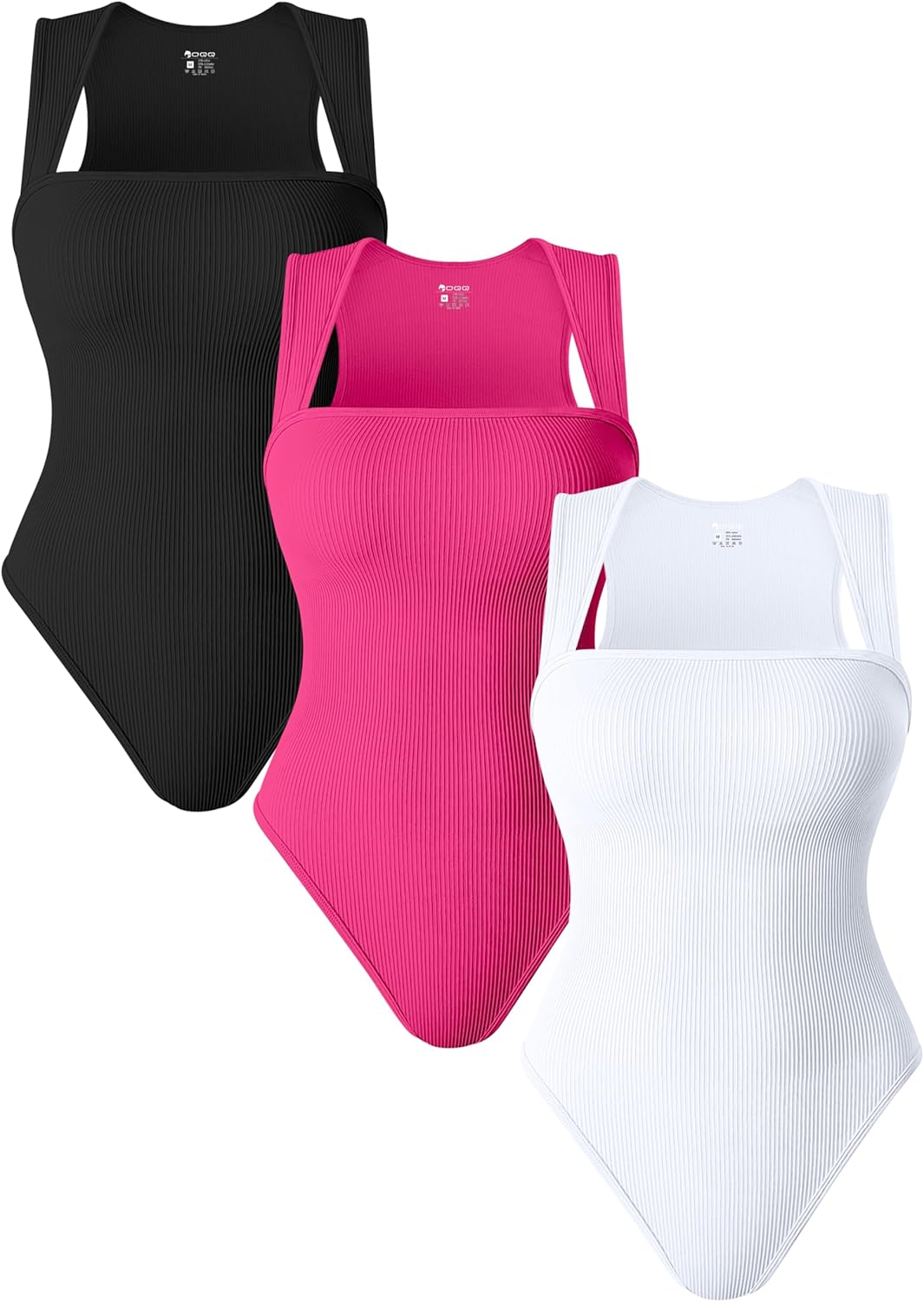 OQQ 3 Piece Bodysuits, Special Ribbed Strappy Square Neck Bodysuits for Women, S...