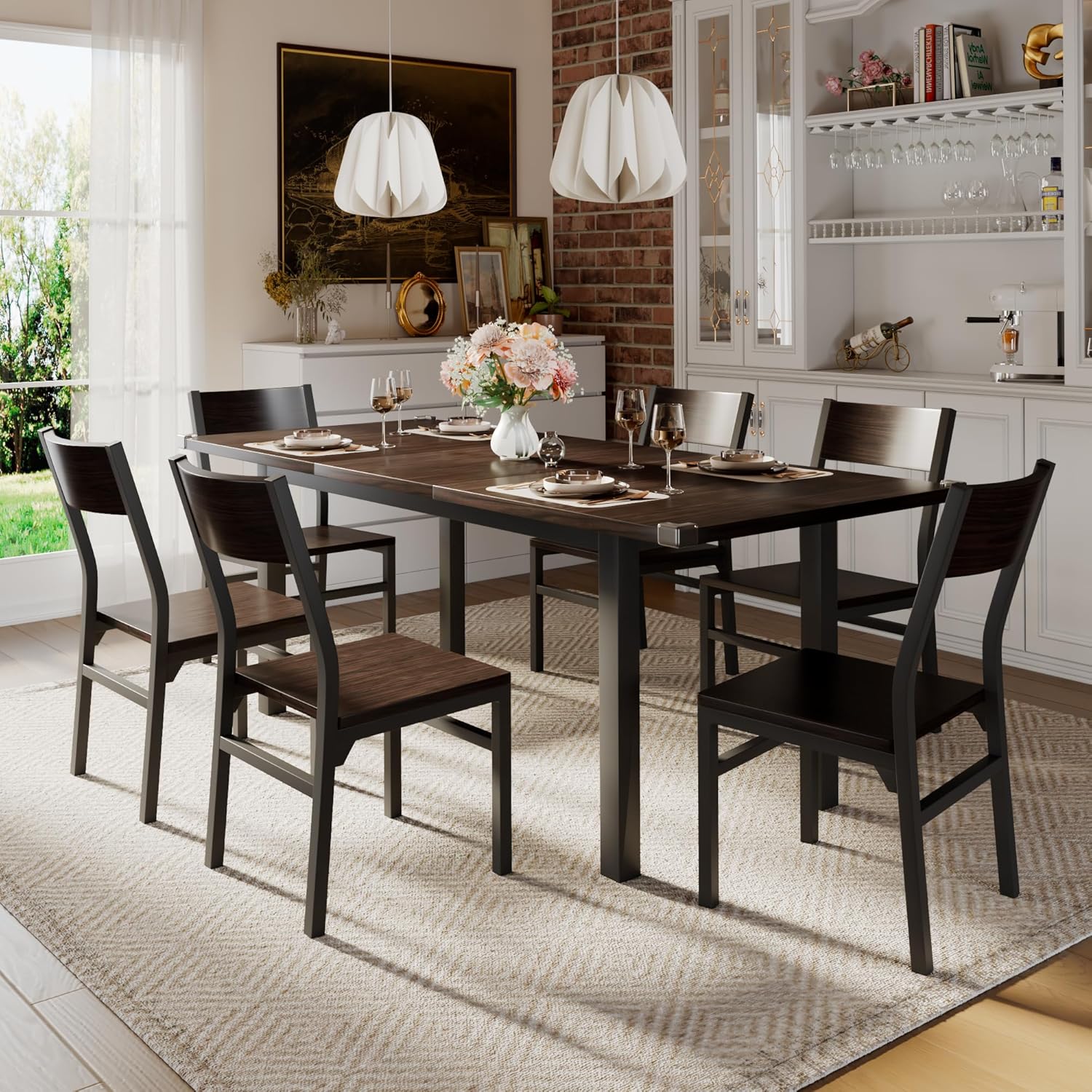 iPormis 7 Pieces Dining Table & Chairs Set for 4-6, 63" Extendable Kitchen Table...
