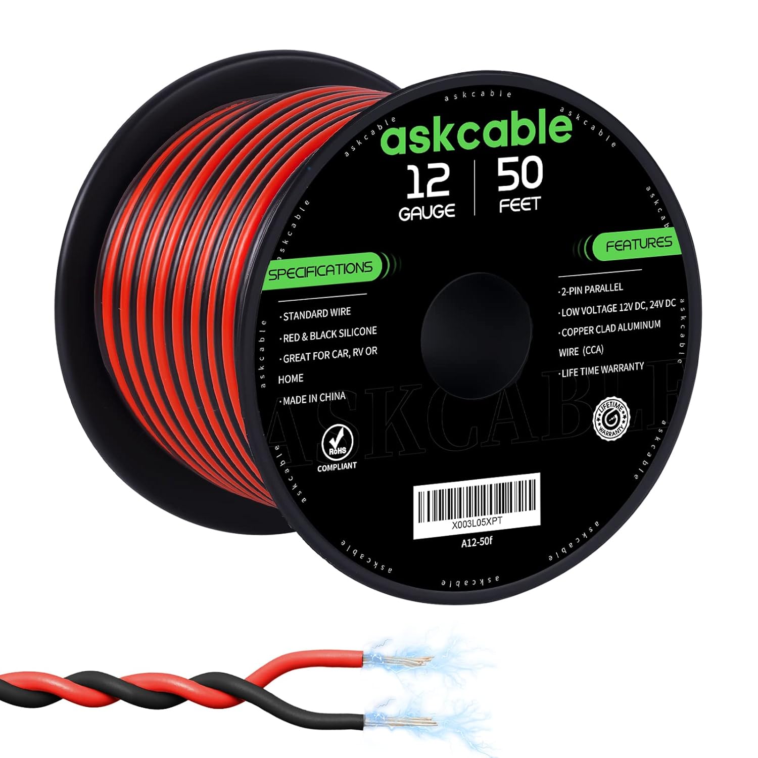 12Gauge 50FT Electrical Wire Cable Flexible Wire Extension Cord 12AWG Copper Cla...