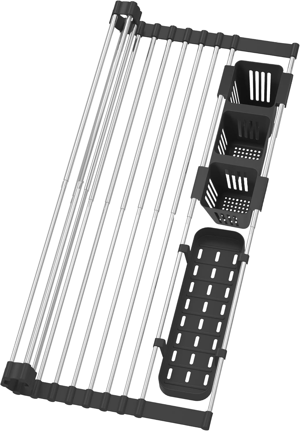 BBXTYLY Black Expandable Roll Up Dish Drying Rack Up to 22.8''with 2 Storage Bas...
