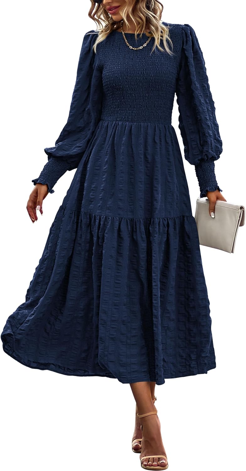 PRETTYGARDEN Women 2024 Dress, Special Puff Long Sleeve Crewneck Smocked Maxi Dr...