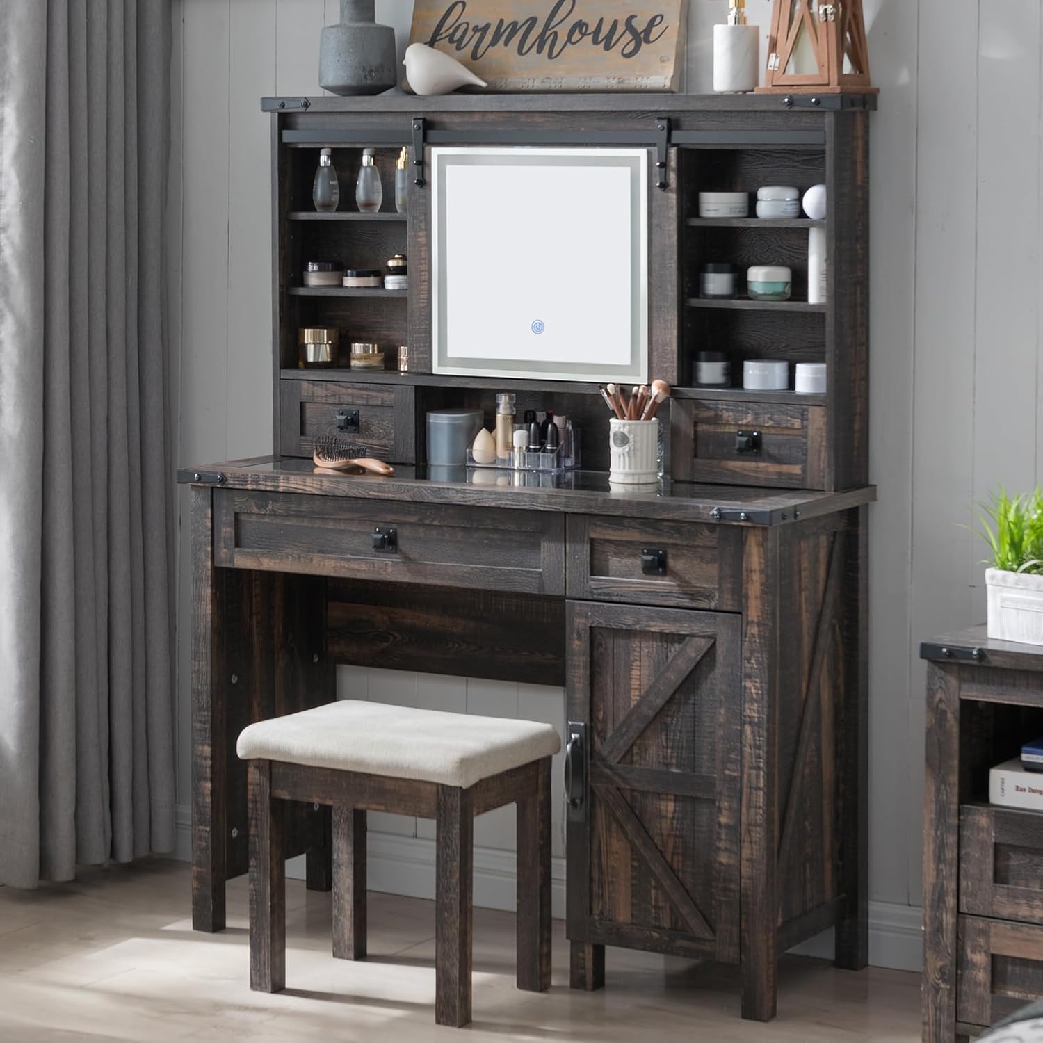 T4TREAM Farmhouse Makeup Vanity Desk, Special Vanity Desk with Sliding Mirror an...