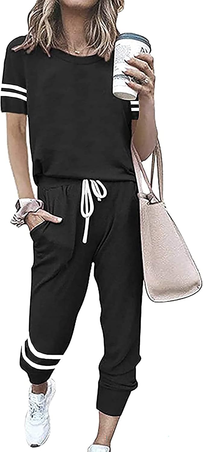 PRETTYGARDEN Women Summer Two Piece Outfits, Special Striped Short Sleeve Pullov...