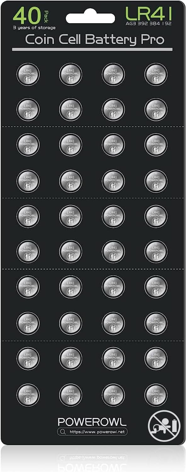 POWEROWL High Capacity LR41 Batteries 40 Pack, AG3 L736 392 384 192 Premium Alka...