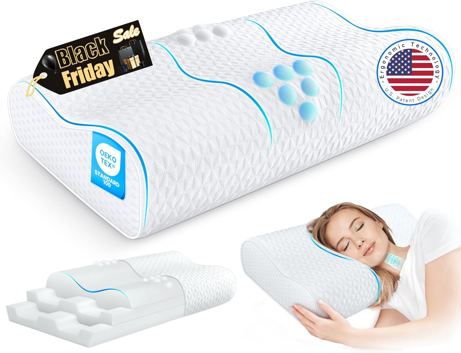 Sandwich Cervical Neck Pillow Queen Size - Dynamic Memory Foam Pillow for Neck S...