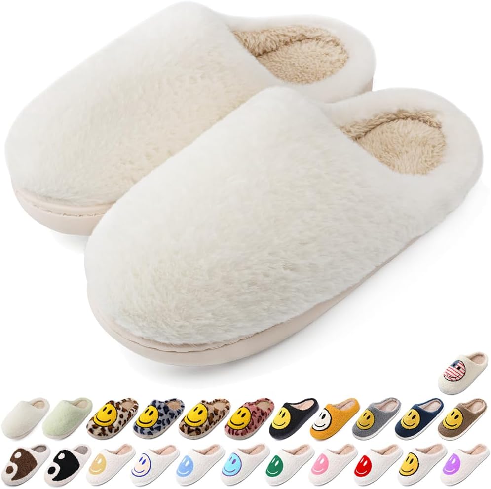 Cozy Retro Happy Face Slippers, Special Women’s Men’s Plush Slip-On House Slippe...