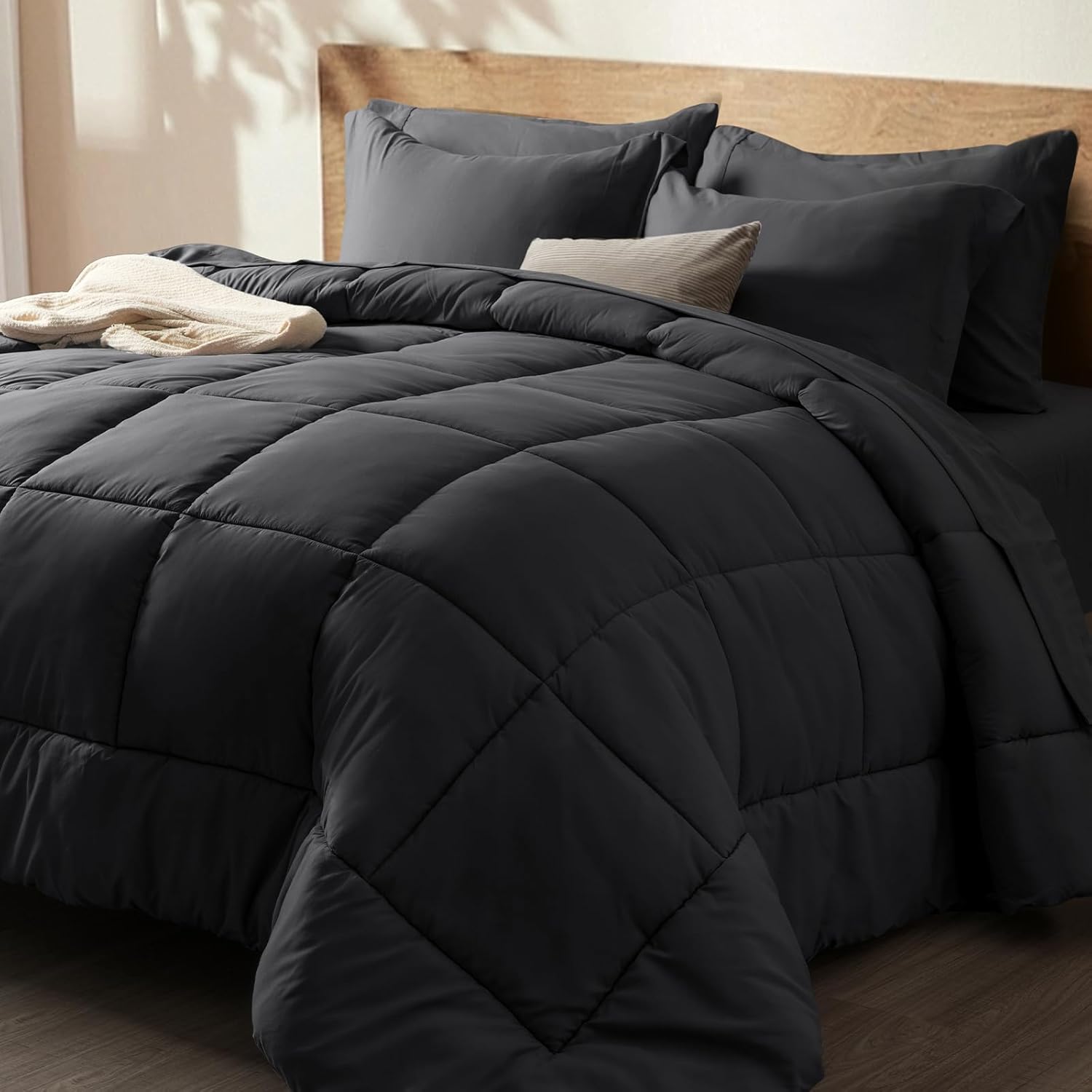 PHF 7 Pieces California King Comforter Set Black, Special Bed in a Bag Comforter...