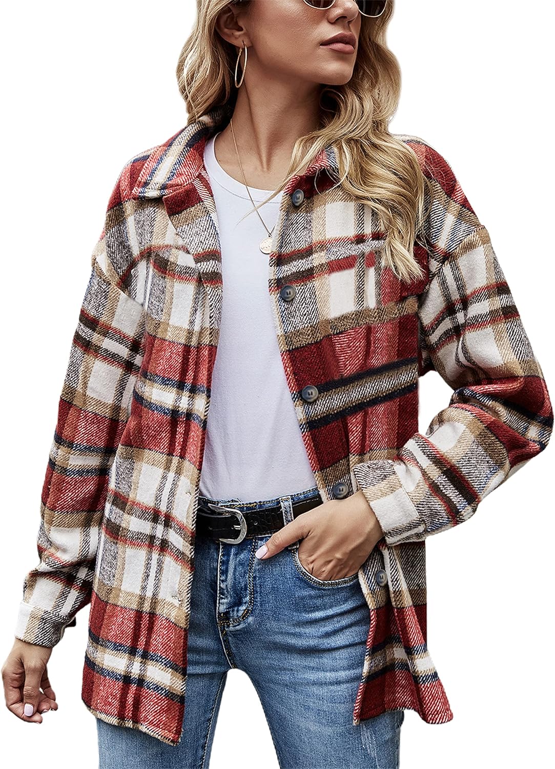 Yeokou Women's Shacket, Special Fall Color Block Plaid Flannel Jacket, Innovativ...