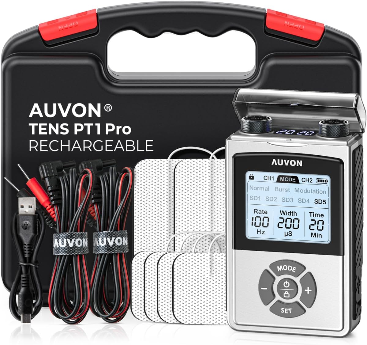 AUVON Rechargeable Digital TENS Unit Muscle Stimulator with 600 mAh Battery, TEN...