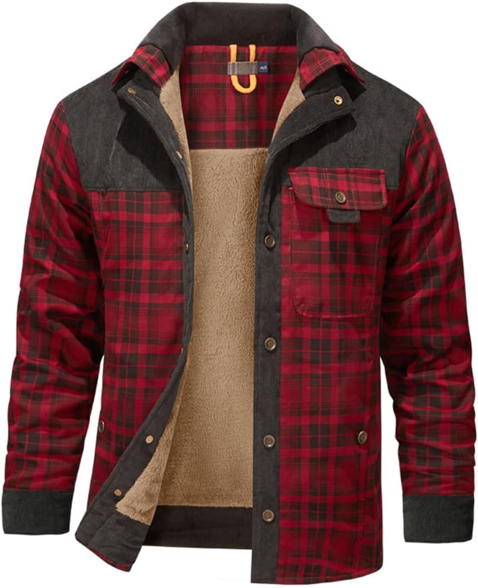 Haellun Men's Long Sleeve Sherpa Lined Shirt Jacket, Special Flannel Plaid Fleec...