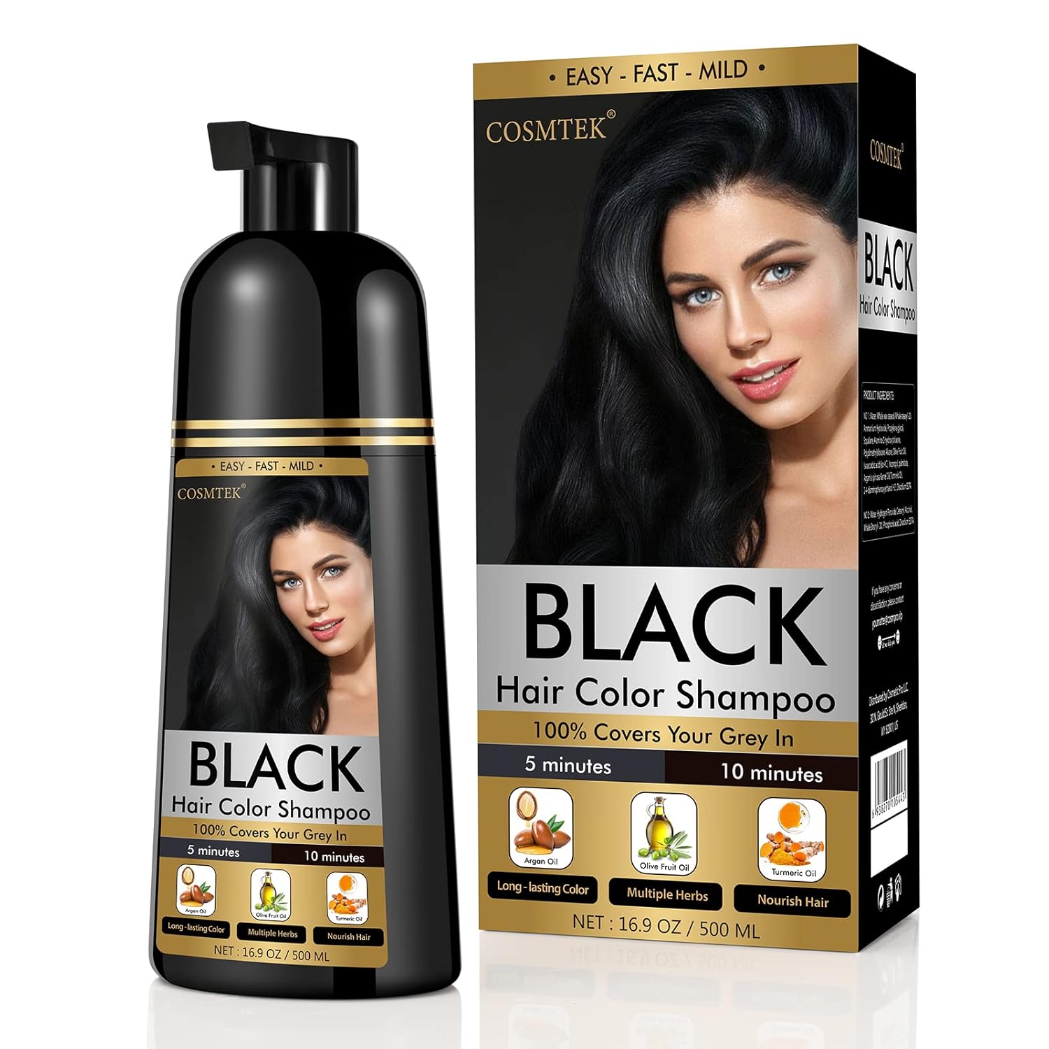 Black Dye Shampoo for Permanent Hair Color - Men&Women, Gray Coverage, Beard & T...