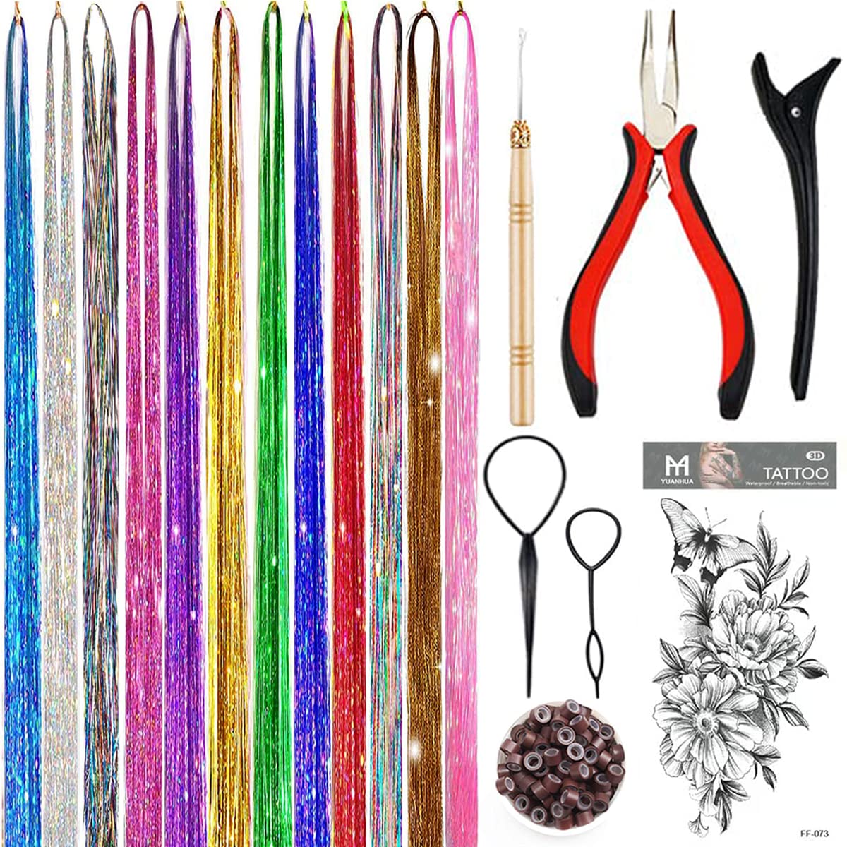 Hair Tinsel Kit, Fairy Tinsel Hair Extensions With Tool 2760 Strands 12 Colors H...