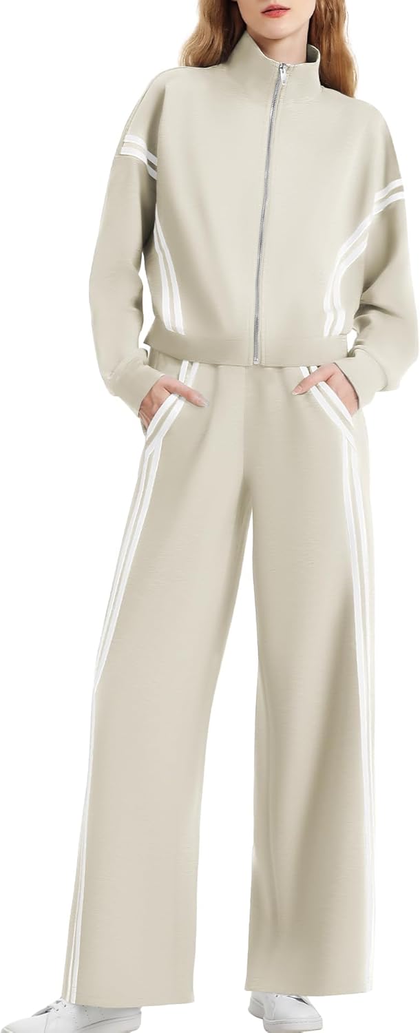 Women's 2 Piece Outfits Zip Up Sweatshirt Contrast Striped Wide Leg Sweatpants S...