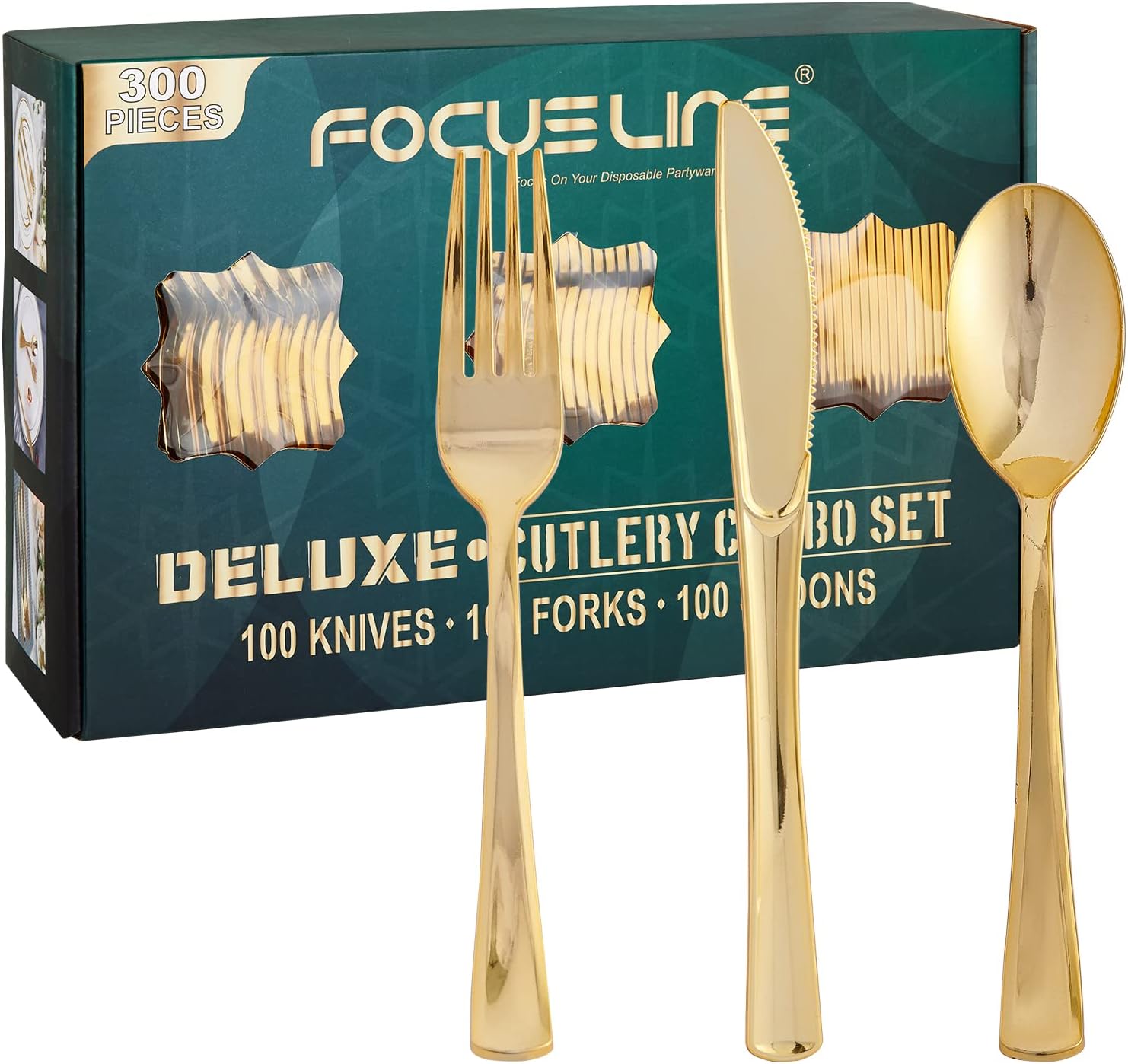 FOCUSLINE 300 Count Gold Plastic Silverware Set - 100 Forks, 100 Knives, 100 Spo...