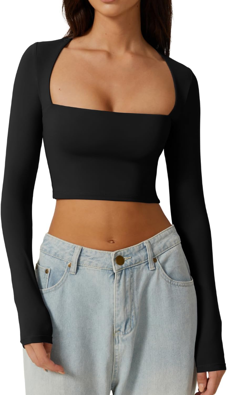 QINSEN Women's Slim Fit Cropped T Shirt, Sexy Crop Top with Unique Square Neck,...
