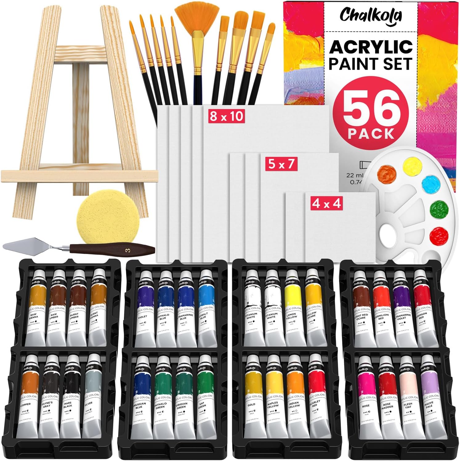 Chalkola Acrylic Paint Set for Adults & Kids - 56 Pcs Canvas Painting Kit with 3...