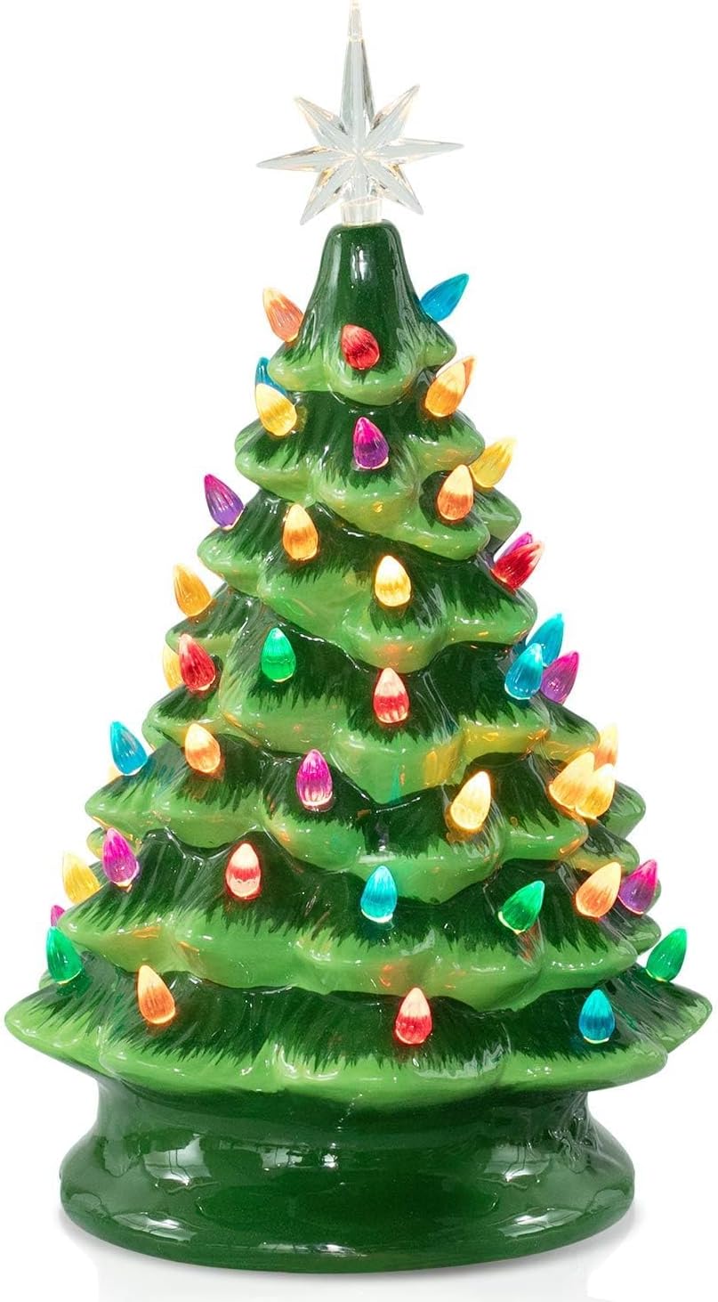 13 Inch Ceramic Christmas Tree, Special Pre-lit Tabletop Christmas Tree with Mul...
